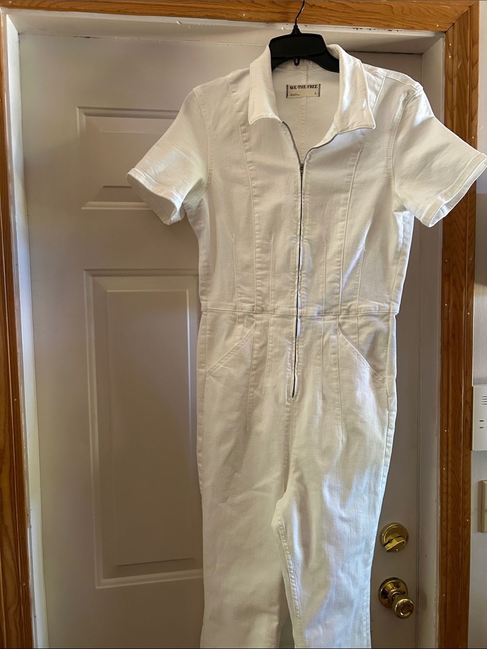 We The Free White Short-Sleeve Zip-Front Jumpsuit with Collar